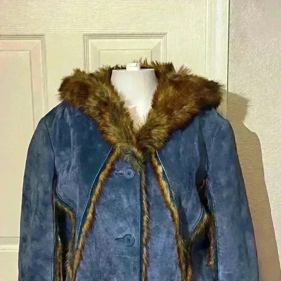 The LOOK Randolph Duke Womens Suede & Faux Fur Blue Fox Jacket Hood Size Large - Picture 7 of 16